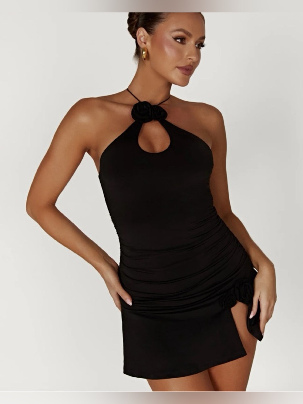 MESHKI Rosette Mini Dress Cut Out Halter Neck Cocktail Dress Size S Party chic